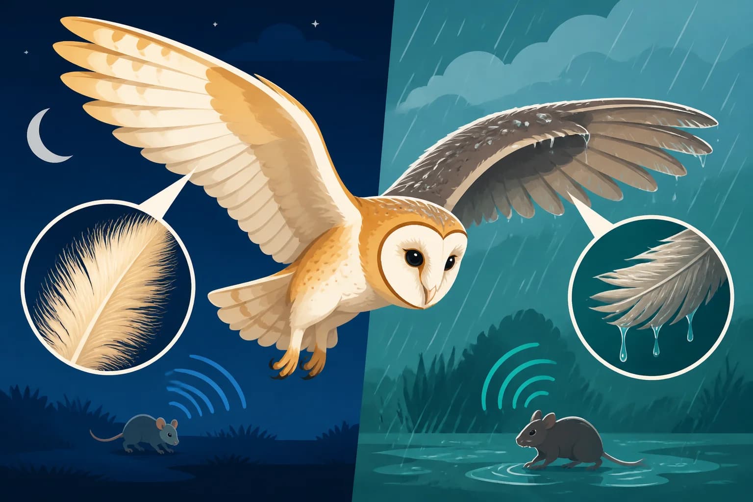 Why can the same soft barn-owl feathers that mute flight make rainy hunting worse?